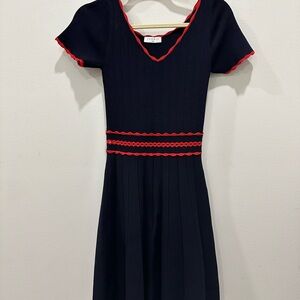 NEW Sandro Enrick Contrast-Trim Pleated Knit Fit & Flare Dress.